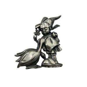 Vintage SILSON UNSIGNED Girl Goose Brooch Hummel Inspired Silver Tone Book Piece